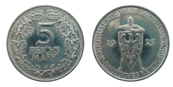 Германская монета 5 марок 1925 года к 1000-летию Рейнланда