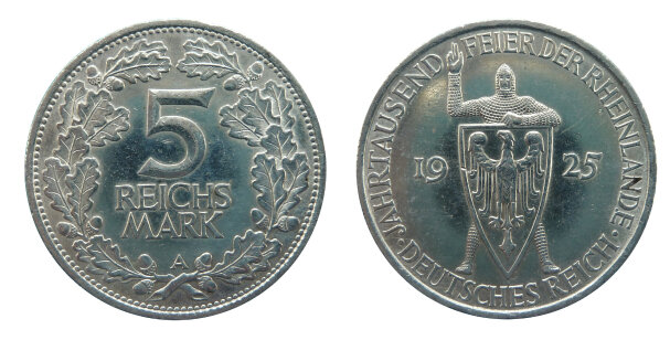 Deutsche Münze 5 Mark 1925 zur 1000-Jahr-Feier des Rheinlandes