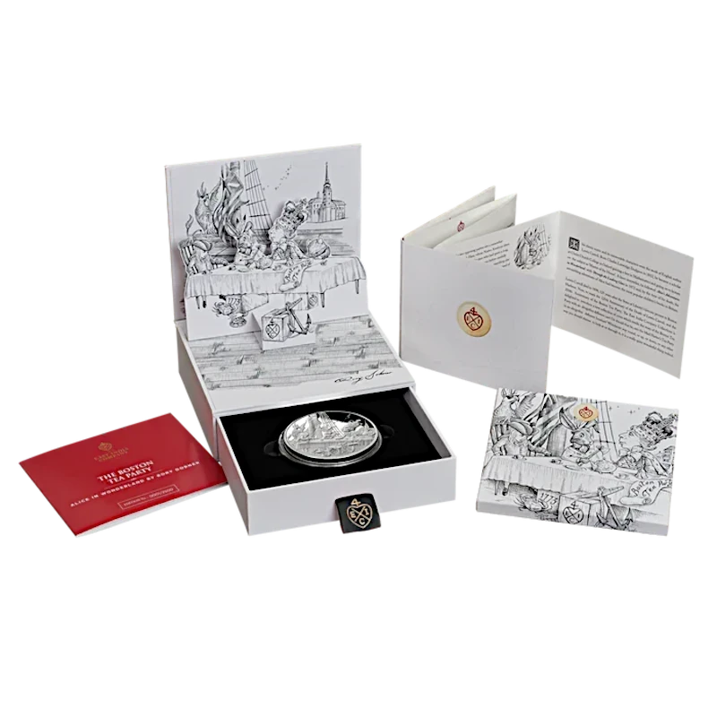 Cеребряная монета Ниуэ «250 лет Бостонского чаепития: Чаепитие Алисы» (proof), 2023г., 155,5 г чистого серебра (проба 0,999) Коллекционные монеты