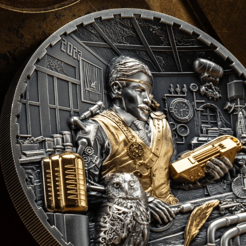Серебряная монета островов Кука «Стимпанк. Научная лаборатория», (ultra, high relief), 2023г., 93,3 гр., чистого серебра (проба 0,999) Коллекционные монеты