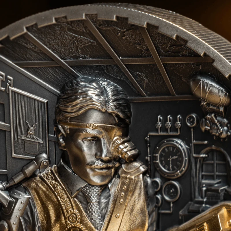 Серебряная монета островов Кука «Стимпанк. Научная лаборатория», (ultra, high relief), 2023г., 93,3 гр., чистого серебра (проба 0,999) Коллекционные монеты