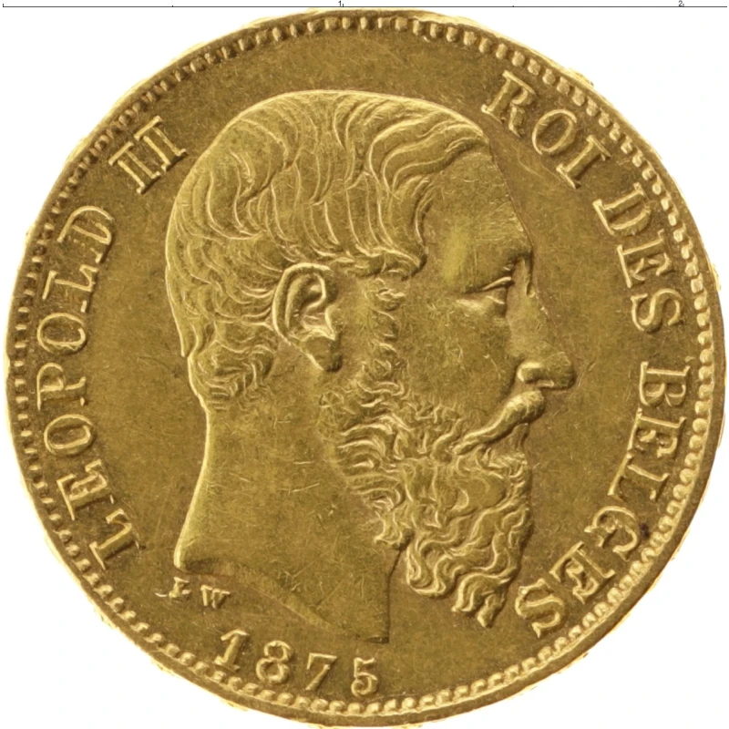 Золотая монета Бельгии Леопольд II 20 франков 1875 5,81 г Коллекционные монеты
