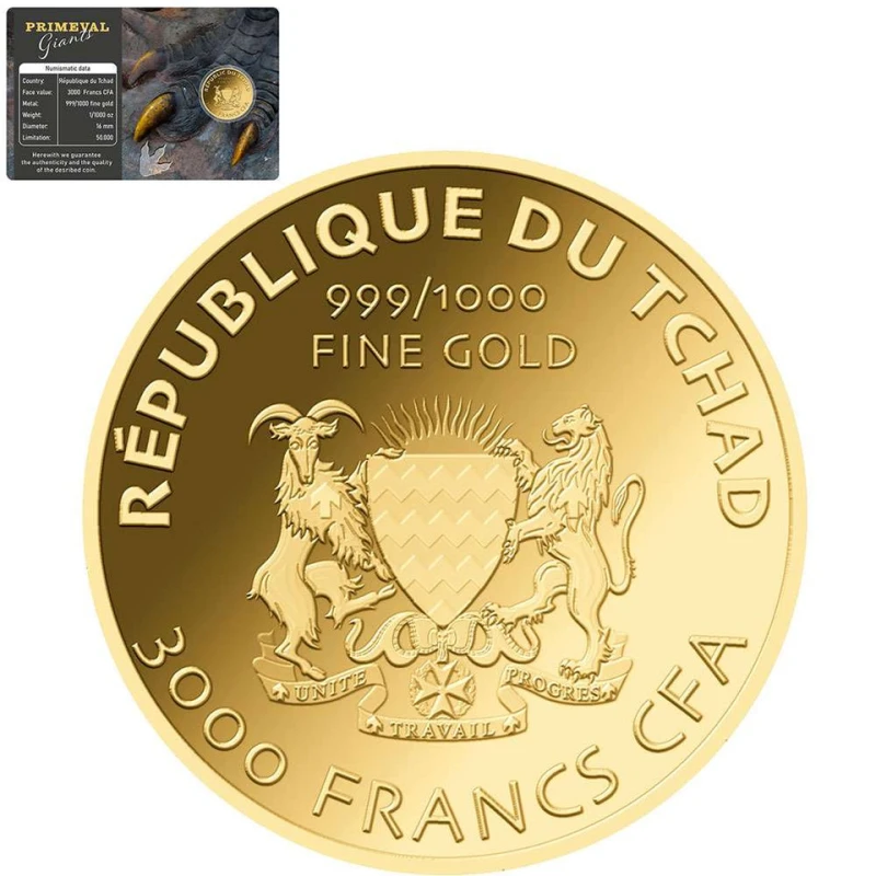 Золотая монета Чада Тираннозавр Рекс 1/1000 oz Коллекционные монеты