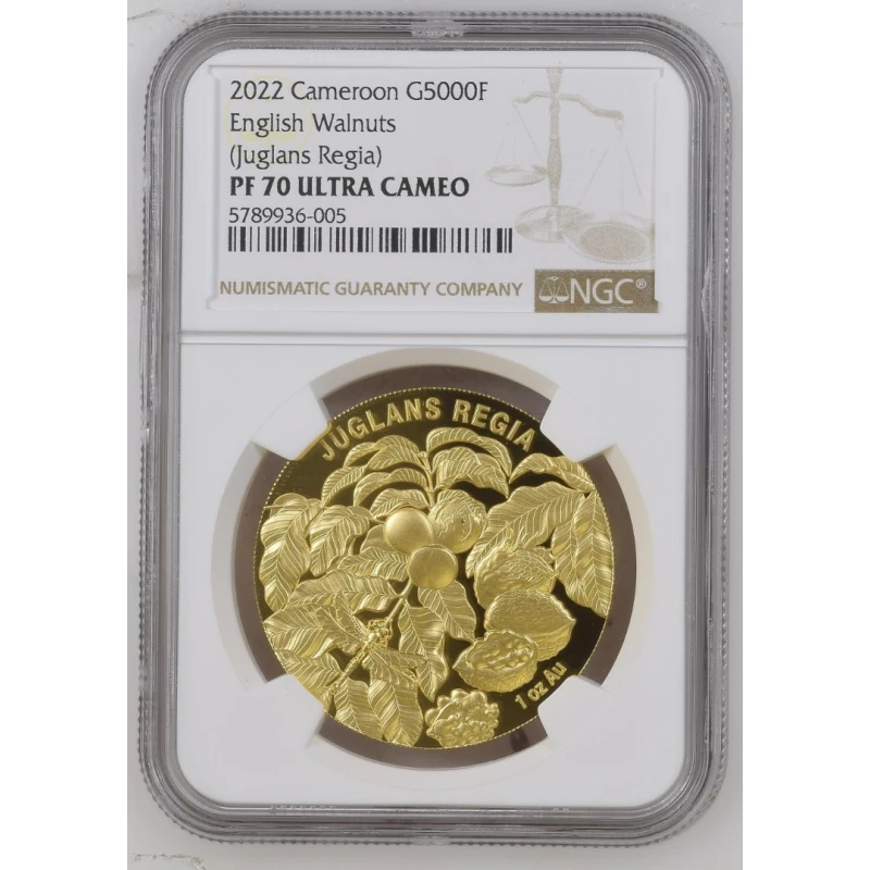 Золотая монета Камеруна Грецкий орех 2022г. Proof GRADING 1 oz Коллекционные монеты
