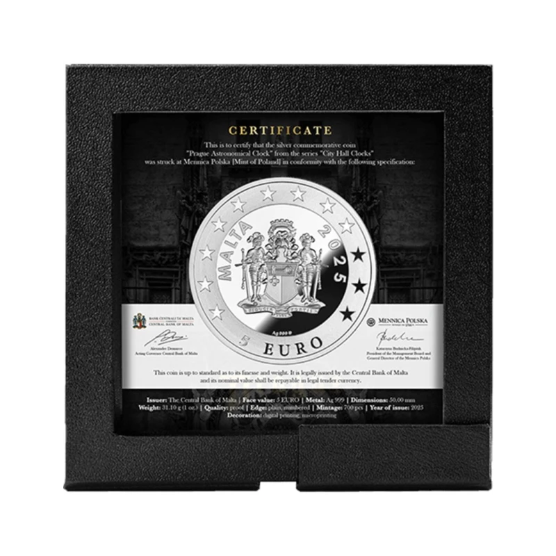 Серебряная монета Мальты Пражские астрономические часы 2025 Proof 1 oz Коллекционные монеты