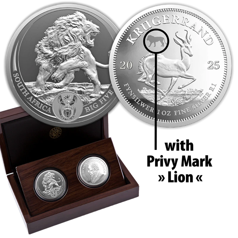 Серебряные монеты ЮАР Лев и Крюгерранд 2025 Proof набор 2 oz Коллекционные монеты
