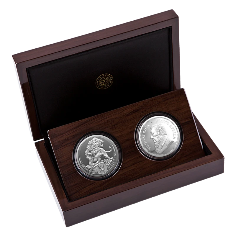 Серебряные монеты ЮАР Лев и Крюгерранд 2025 Proof набор 2 oz Коллекционные монеты