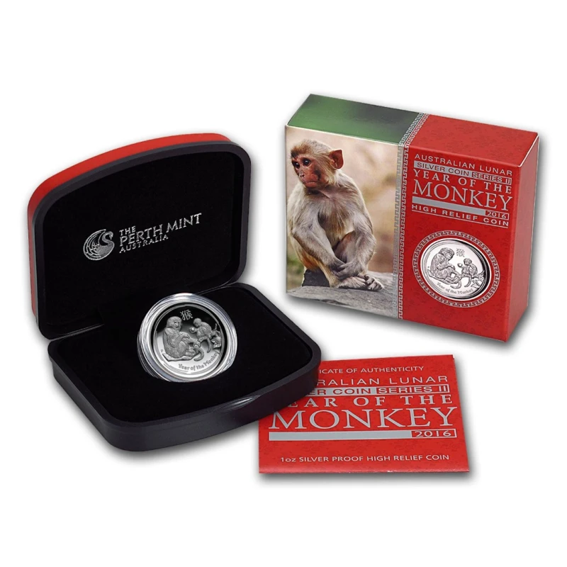 Серебряная монета Австралии Год Обезьяны 2016 высокий рельеф Proof 1 oz Коллекционные монеты