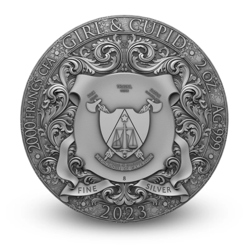 Серебряная монета Камеруна Девушка и Купидон 2023 2 oz Коллекционные монеты