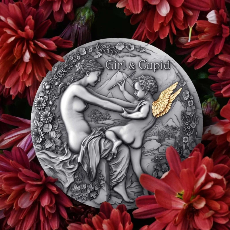 Серебряная монета Камеруна Девушка и Купидон 2023 2 oz Коллекционные монеты