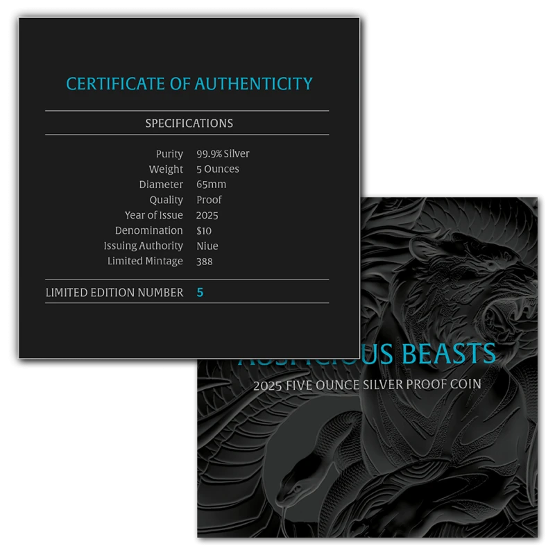 Серебряная монета Ниуэ Благоприятные звери 2025 Proof цвет 5 oz Коллекционные монеты