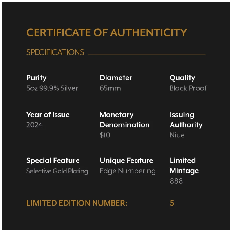 Серебряная монета Ниуэ Год Дракона 2024 Black Proof позолота 5 oz Коллекционные монеты