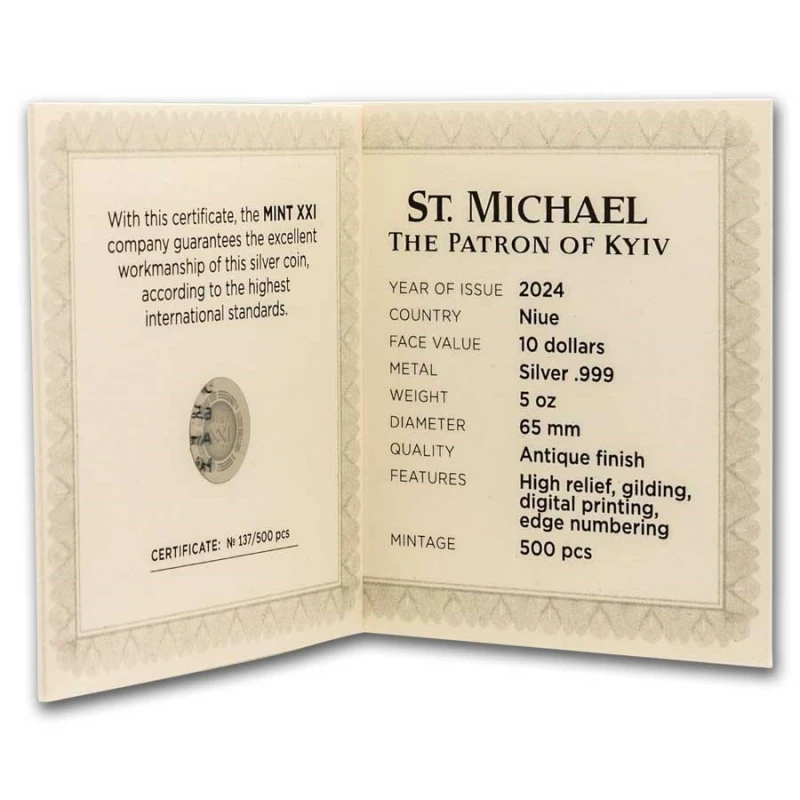 Серебряная монета Ниуэ Святой Архангел Михаил 2024 цвет 5 oz Коллекционные монеты