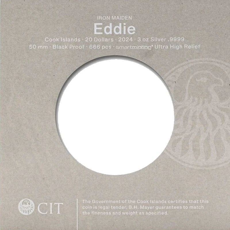 Серебряная монета Островов Кука IRON MAIDEN Эдди 2024 Black Proof 3 oz Коллекционные монеты