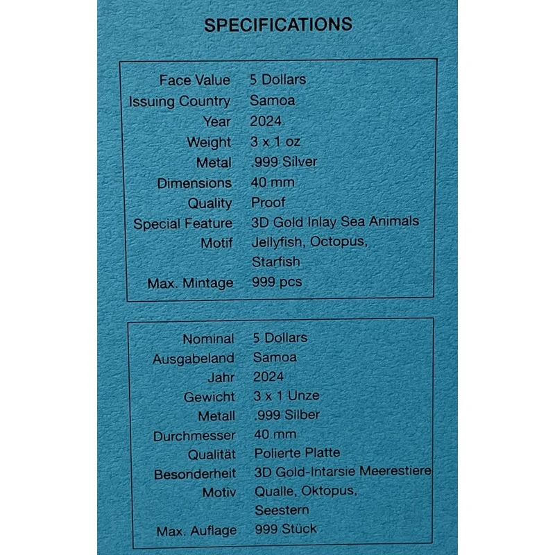 Серебряные монеты Самоа Золотые морские животные 2024 Proof набор 3 oz Коллекционные монеты
