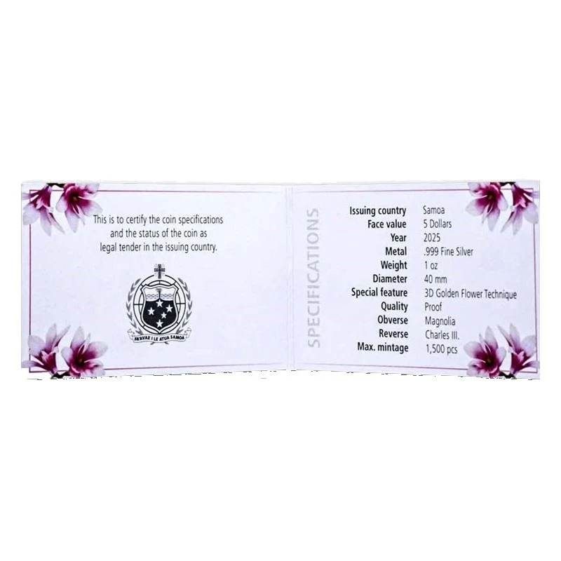 Серебряная монета Самоа Магнолия 2025 Proof позолота 1 oz Коллекционные монеты