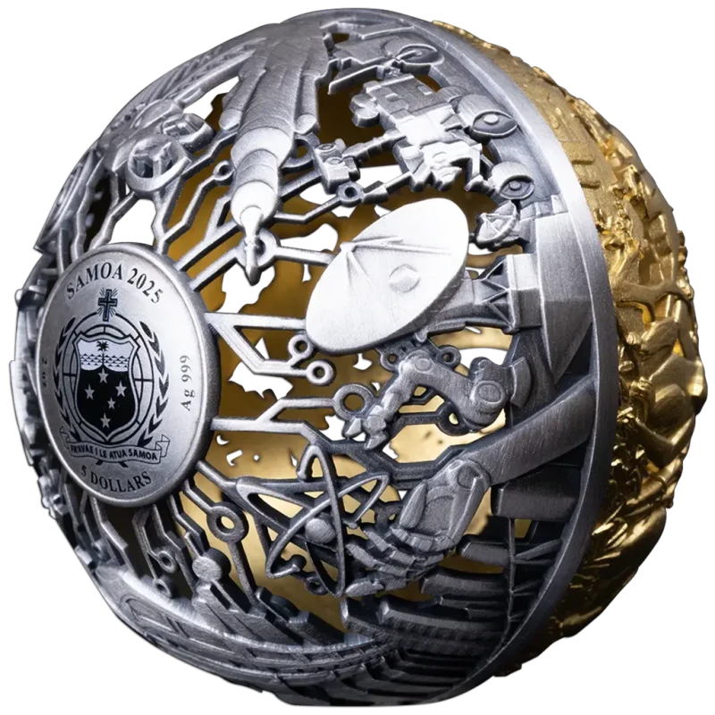 Серебряная монета Самоа Природа и технологии 2025 позолота 2 oz Коллекционные монеты