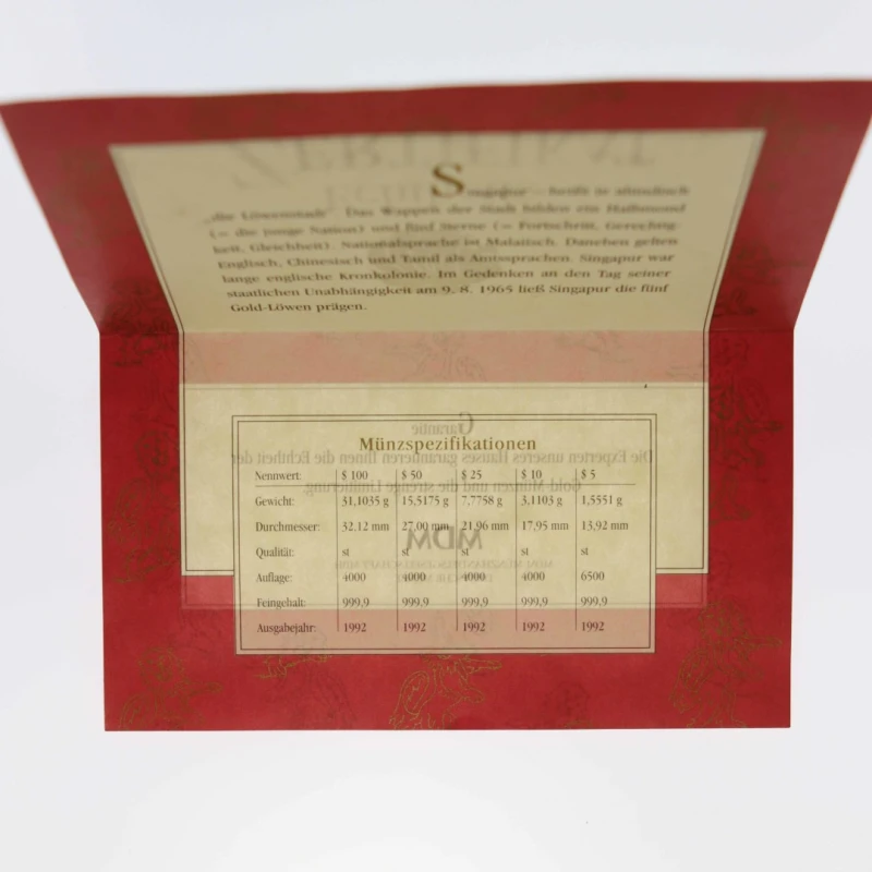 Золотые монеты Сингапура Лев 1992 Proof набор 59,07 г Коллекционные монеты
