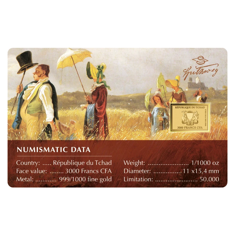 Золотая монета Чада Карл Шпицвег Воскресная прогулка 1/1000 oz Коллекционные монеты