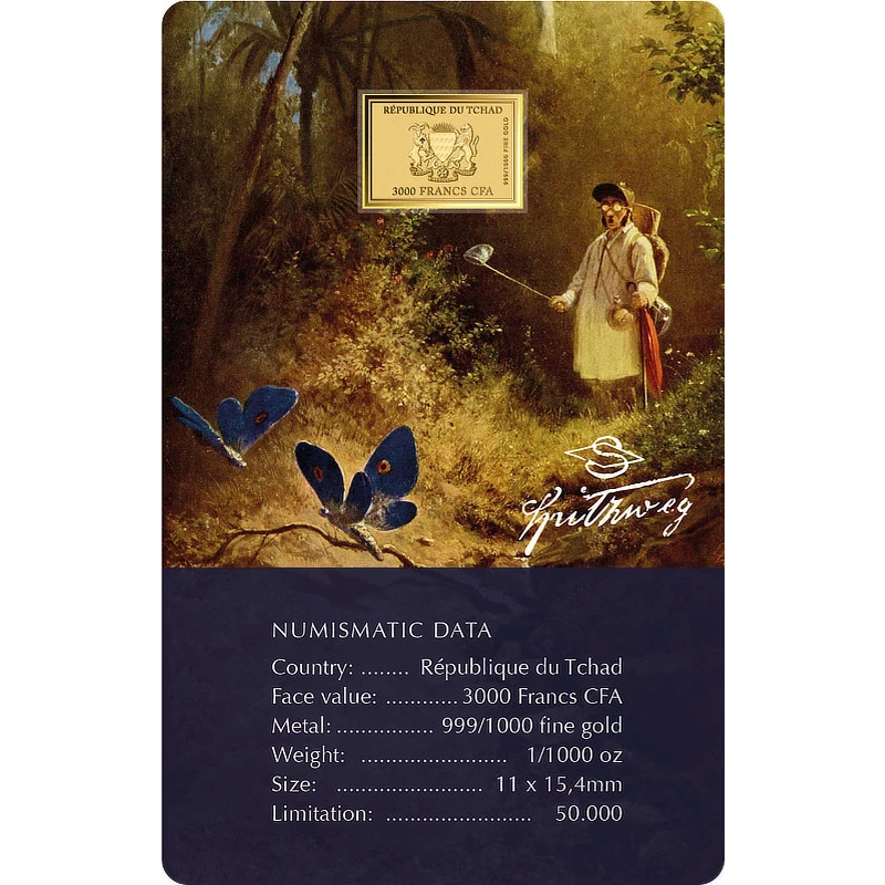 Золотая монета Чада Карл Шпицвег Ловец бабочек 1/1000 oz Коллекционные монеты