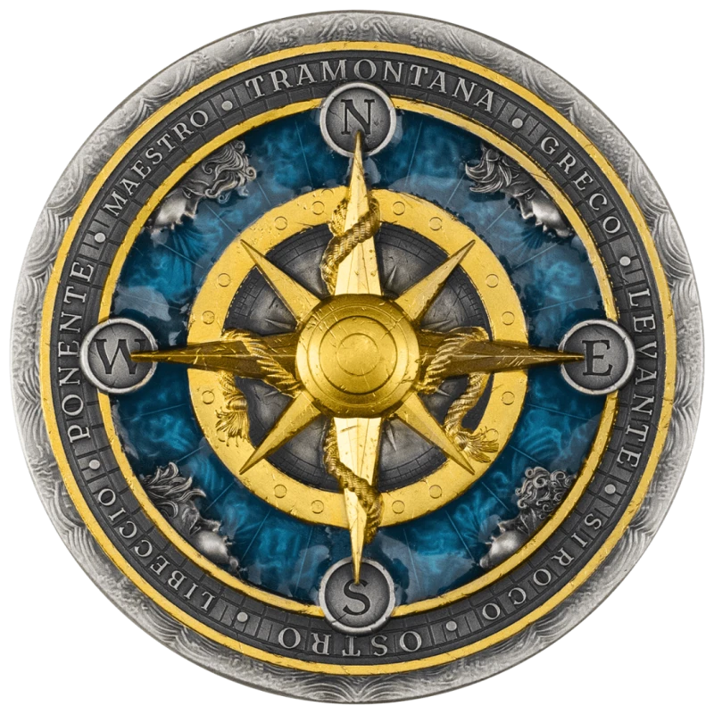 Cеребряная монета Ниуэ Роза ветров 2026 позолота цвет 2 oz Коллекционные монеты