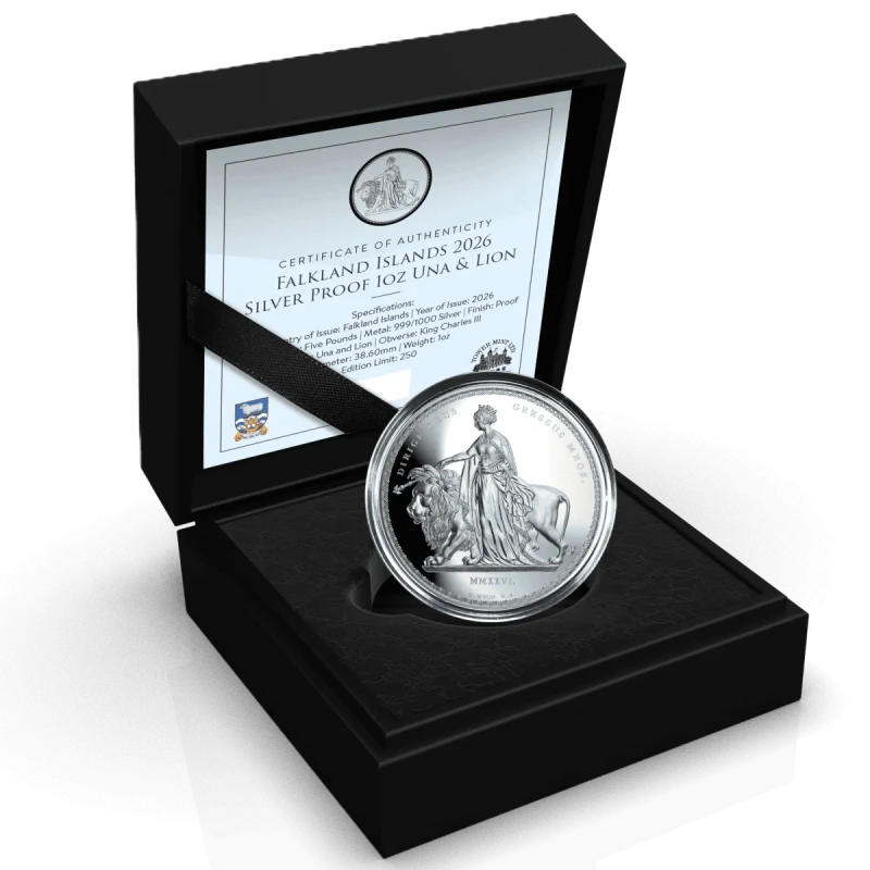 Серебряная монета Фолклендских островов Уна и Лев 2026 Proof 1 oz Коллекционные монеты