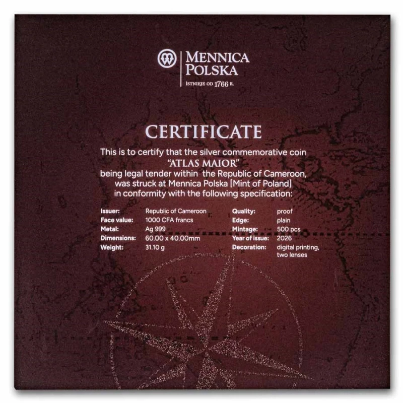 Серебряная монета Камеруна Atlas Maior 2026 Proof 1 oz Коллекционные монеты