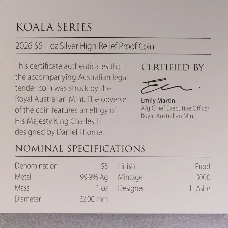 Серебряная монета Австралии Коала 2026 КМД Proof 1 oz Коллекционные монеты