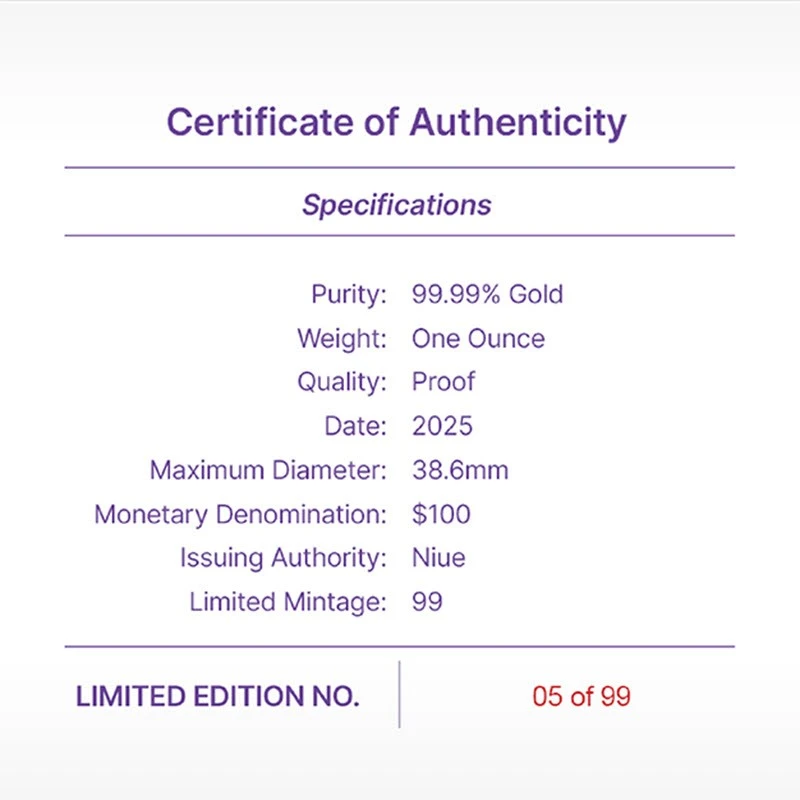 Золотая монета Ниуэ Волк 2025 Proof цвет 1 oz Коллекционные монеты
