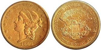 Золотая монета Орел 1866 года, номинал 20 долларов